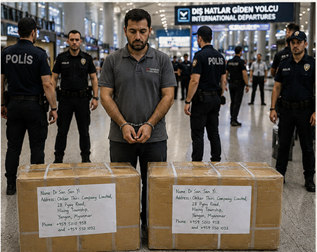 İstanbul Havalimanı'nda iki kutu yanında gözaltı sahnesini gösteren sağlanmış dramatize kapak görseli
